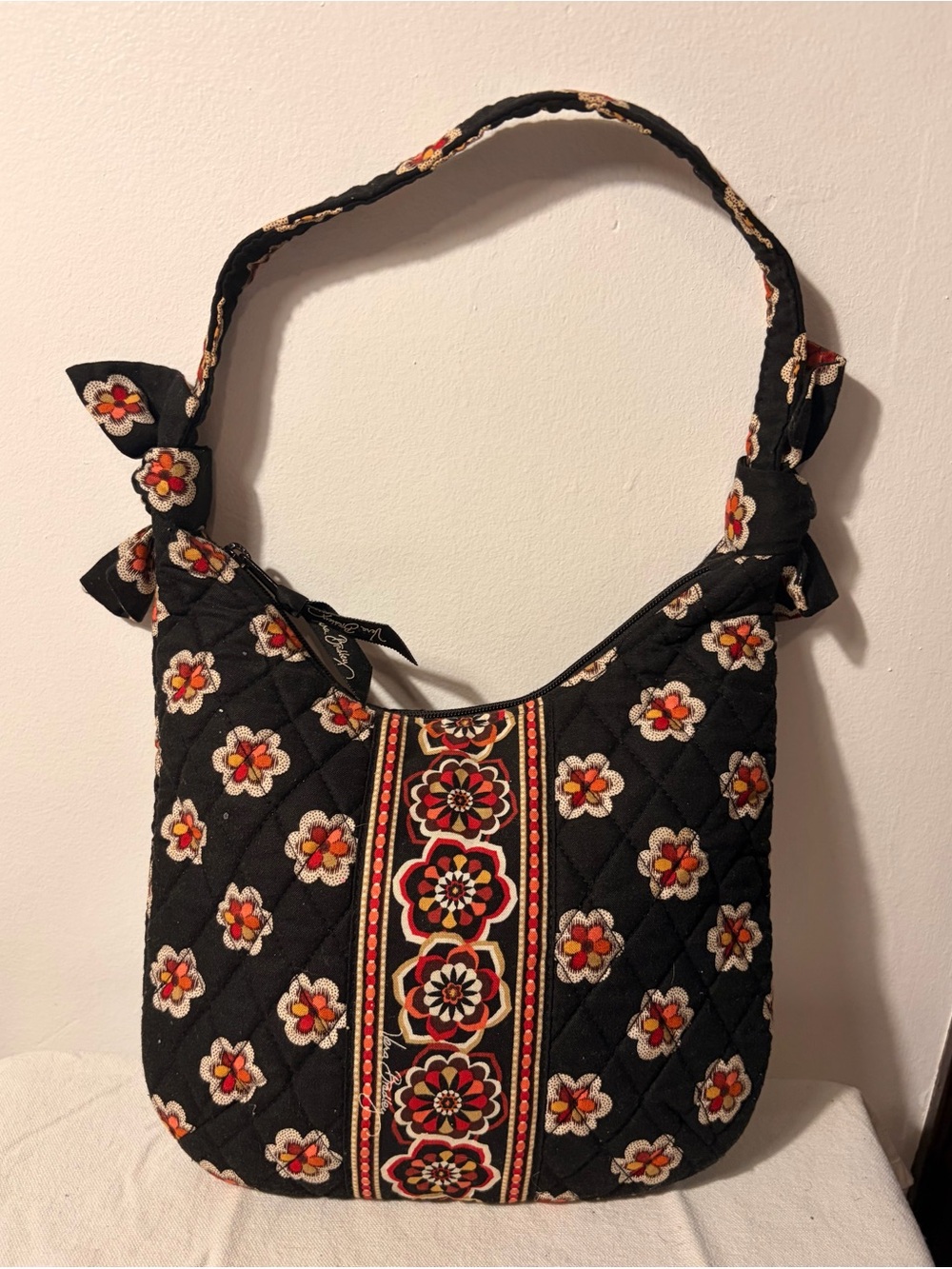 Vera Bradley Black Quilted Shoulder Bag with Red and Cream Floral Trim